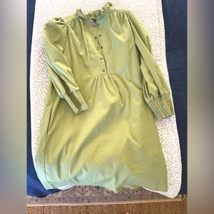 Pomander Place green bottom front ruffle collar dress with pockets.